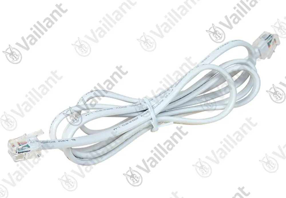 Vaillant Kabel mit zwei RJ45-Steckern, in weißer Ummantelung, für die Verbindung von Geräten im ebus-pebus System.